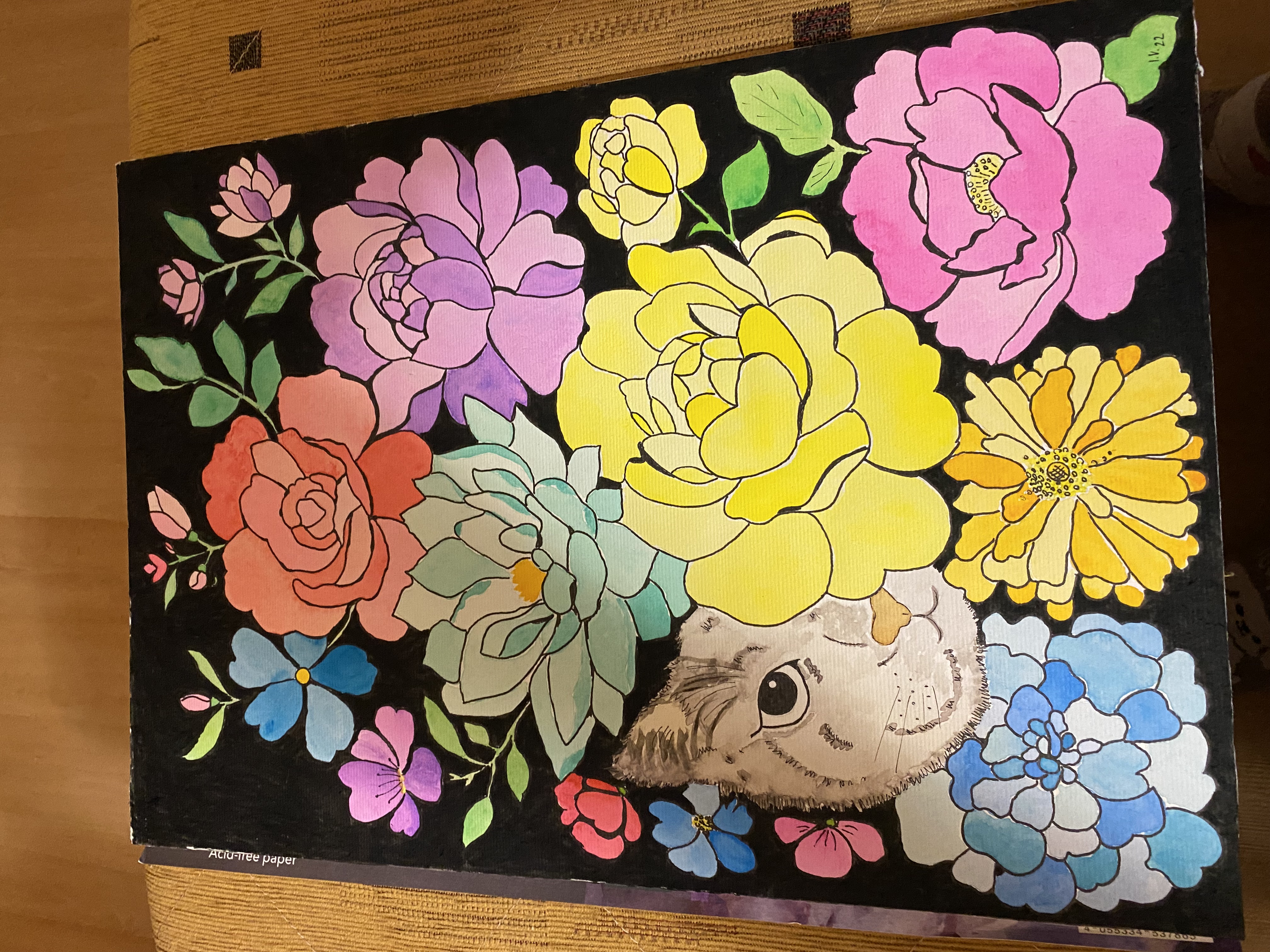 Kočka s květinami - akvarelové barvy